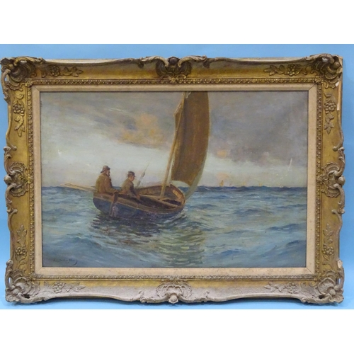 62 - Style of Charles Napier Hemy FISHERMAN AT SEA Oil on canvas, bears signature, 50 x 75cm.... 