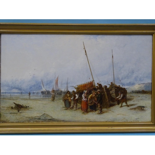 63 - ....... Callow BEACHED FISHING BOATS WITH FIGURES OFFLOADING THE CATCH Indistinctly-signed oil on ca... 