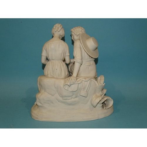 81 - A late-19th century parian figure group of a courting couple, 31cm high, 28cm wide.