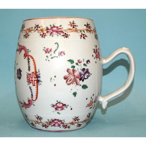 90 - Chinese 18th century, a large famille rose barrel-shaped tankard, 16.5cm high, (slight rim bruise), ... 