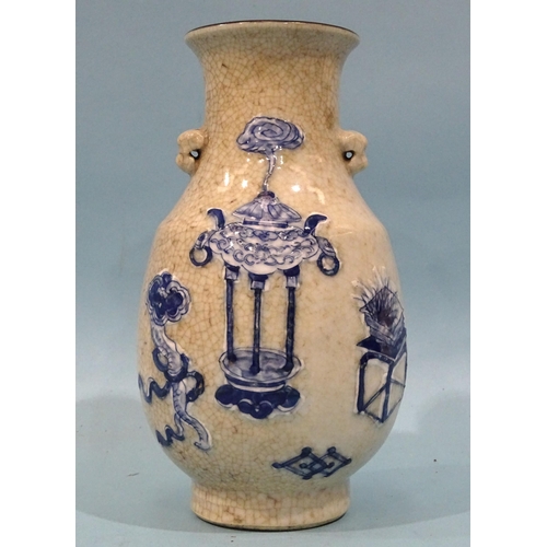 95 - An early-20th century Chinese moulded and crackle-glazed baluster vase, the white ground decorated w... 