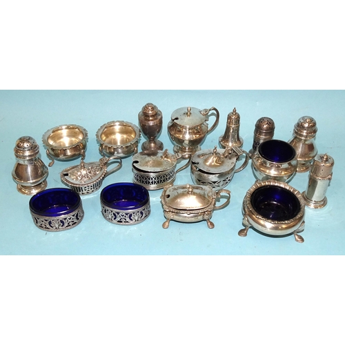 482 - A collection of 19th century and later cruet items, some with blue glass liners, various dates and m... 