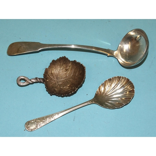 484 - A Victorian caddy spoon of leaf form with twist handle, London 1862, a 19th century Greenock sauce l... 