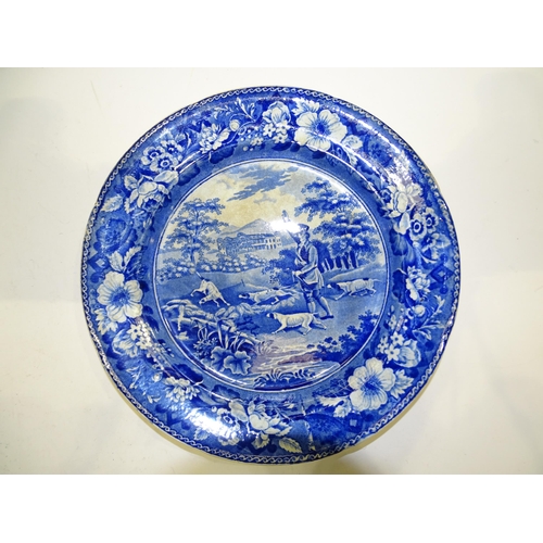 142 - A 'Gamekeeper' pattern blue and white transfer-printed plate, 22cm diameter, (crazed and stained), a... 