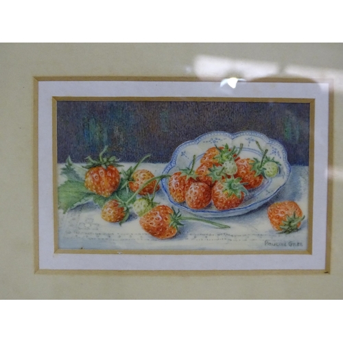 150 - Pauline Gyles (1931-2017), 'Still life - Strawberries', signed miniature watercolour, 5 x 8.5cm and ... 