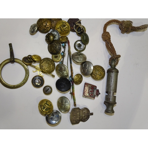 189 - A silver ARP badge, a small collection of naval and other buttons, The City whistle and a quantity o... 