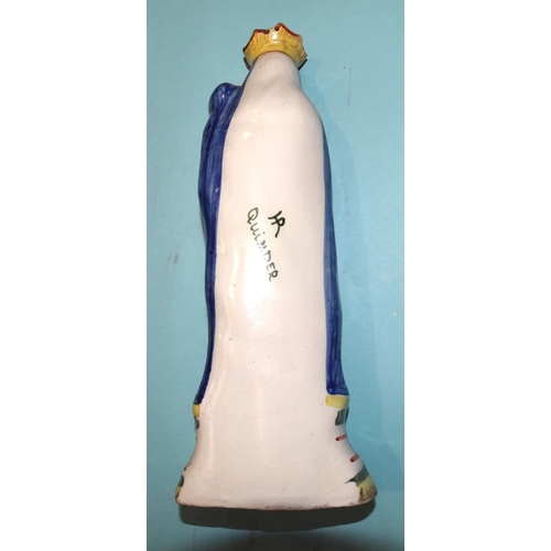 119 - A Faience figure, Ste Vierge, signed Quimper, 26cm high, four other pieces of faience ware... 