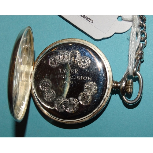 194 - A silver Albert chain, 28cm, with silver fob, total weight 27g, a plated pocket watch by Jaquet-Droz... 