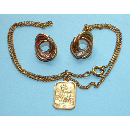 179 - A pair of 9ct gold earrings and a 9ct gold St Christopher pendant on chain, total gold weight 5.8g.... 