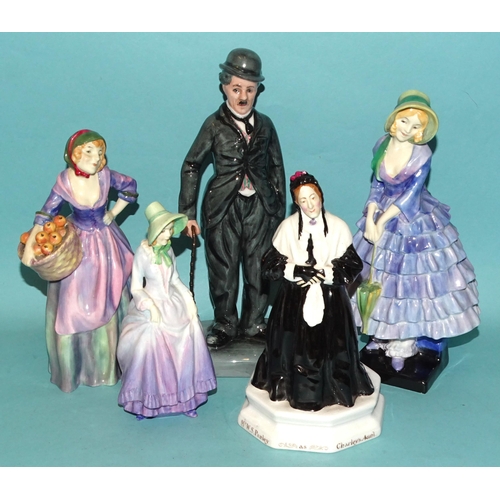 107 - A collection of five Royal Doulton figurines: 'The Orange Girl' HN1325, 'Charlie Chaplin' HN2771, 19... 