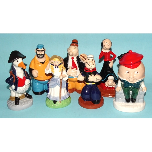 110 - Seven Wade figures: 'Popeye', 'Olive Oyl', 'Brutus', 'Wimpy', all 1134/1500, (all with certificates ... 