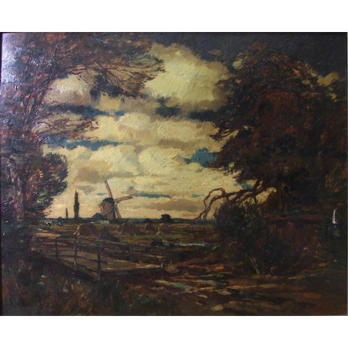 12 - Fritz Köhler (1887-1971), 'Dutch landscape with windmill, corn stooks and cattle', signed oil on boa... 