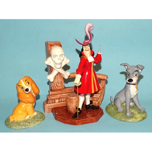 135 - Three Royal Doulton Disney Classics figures: 'Captain Hook' PAN4, 'Tramp' FC8 0007/1500 and 'Lady' F... 