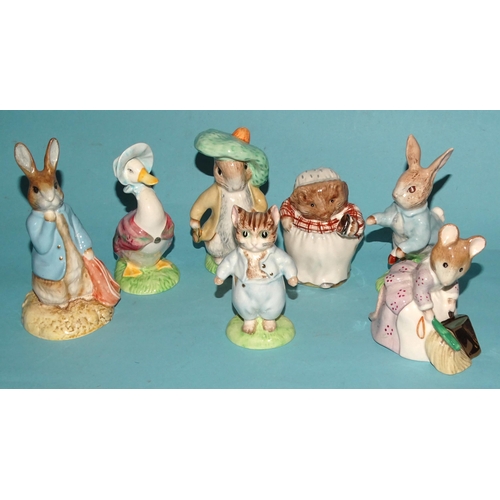 144 - A collection of six Beswick Beatrix Potter figures: 'Hunca Munca Sweeping', 'Mrs Tiggy Winkle', 'Pet... 