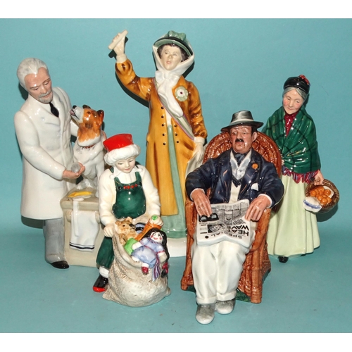 86 - A collection of five Royal Doulton figurines: 'Votes For Women' HN2816, 'Thanks Doc' HN2731, 'Taking... 