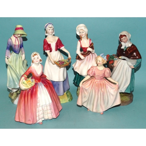 91 - A collection of six Royal Doulton figurines: 'Lizzie' HN2749, 'Polly' HN3178, 'Dawn' HN3258, 'Countr... 