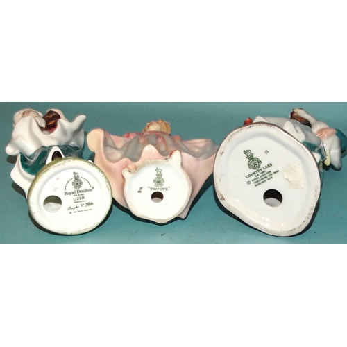 91 - A collection of six Royal Doulton figurines: 'Lizzie' HN2749, 'Polly' HN3178, 'Dawn' HN3258, 'Countr... 