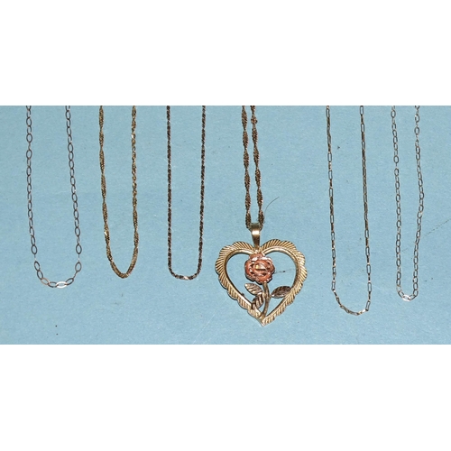 178 - A 9ct gold heart-shaped pendant and six fine-link 9ct gold neck chains, 7g.