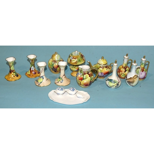 62 - A collection of twelve Caverswall miniature painted ceramics, including pr vases 'Blue Tits', pr vas... 