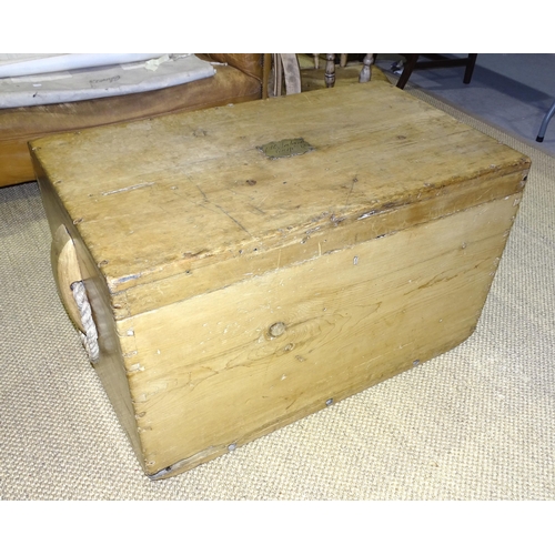 17 - A large pine dockyard box with rope handles and brass plaque inscribed 