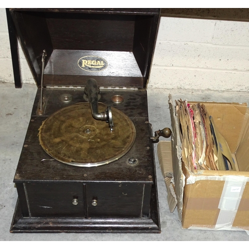 27 - A Regal stained wood-cased gramophone player and a small collection of 78RPM records.... 