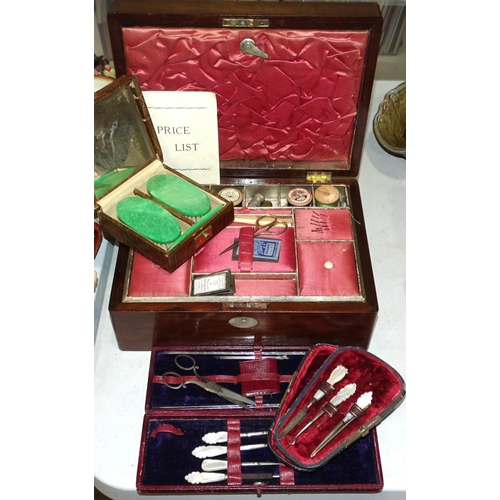 37 - A Victorian rosewood sewing and work box containing haberdashery, two cased mother-of-pearl-handled ... 