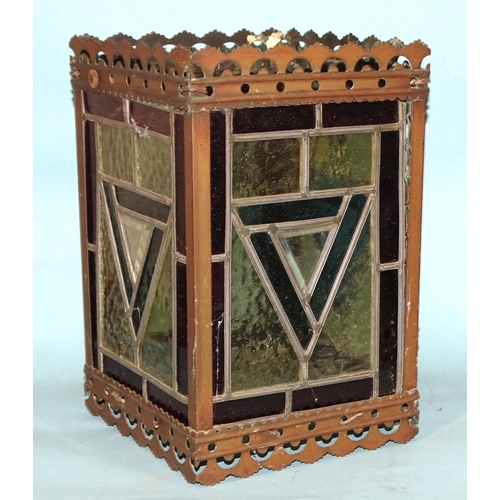 64 - An early-20th century hanging lantern of square form, with four multi-coloured leaded glazed panels,... 