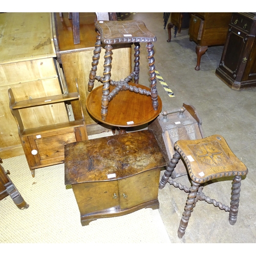 20 - A pine hanging cupboard, a mahogany wine table and other items, including two oak twist-leg stools.... 