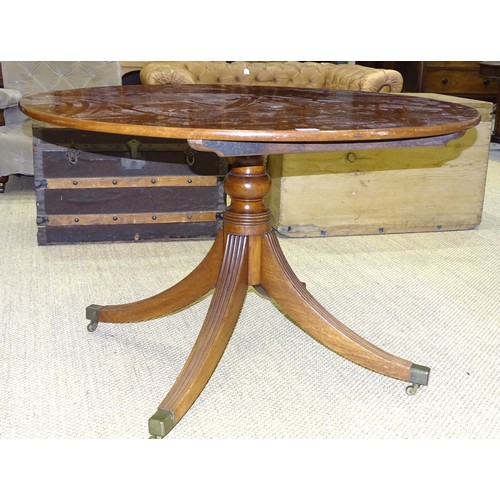 21 - A 19th century mahogany drop leaf rectangular top breakfast table on turned column and four splayed ... 