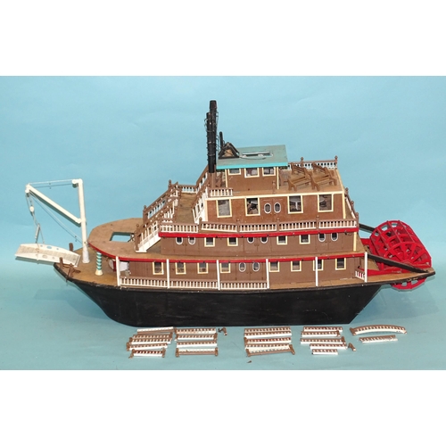 629 - A scratch/kit-built paddle steamer of mainly wood construction, with gangplank, some interior detail... 