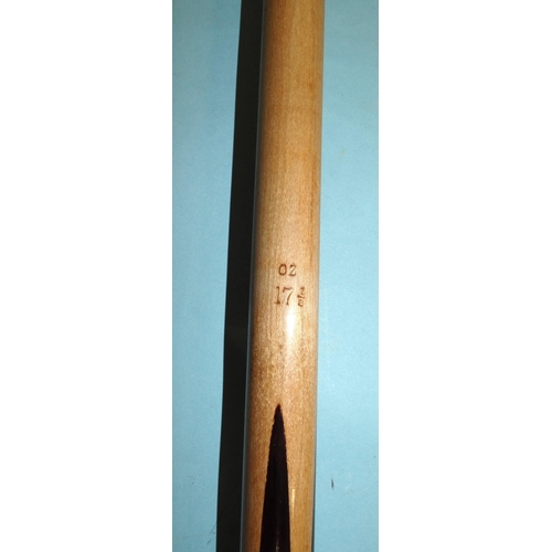 669 - A collection of three snooker cues: 'The Camkin Cue' 58'' 17½oz, 'Joe Davis 146' with red and white ... 