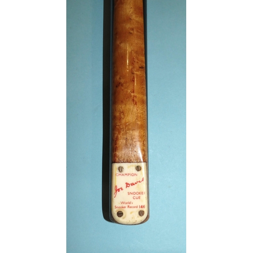 669 - A collection of three snooker cues: 'The Camkin Cue' 58'' 17½oz, 'Joe Davis 146' with red and white ... 