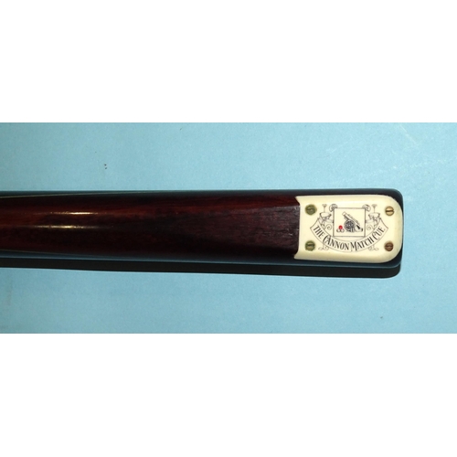 671 - A collection of three snooker cues: 'The Cannon Match Cue', 58'' 17oz, 'Willie Smith Record Cue', 58... 