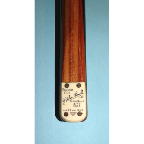 671 - A collection of three snooker cues: 'The Cannon Match Cue', 58'' 17oz, 'Willie Smith Record Cue', 58... 