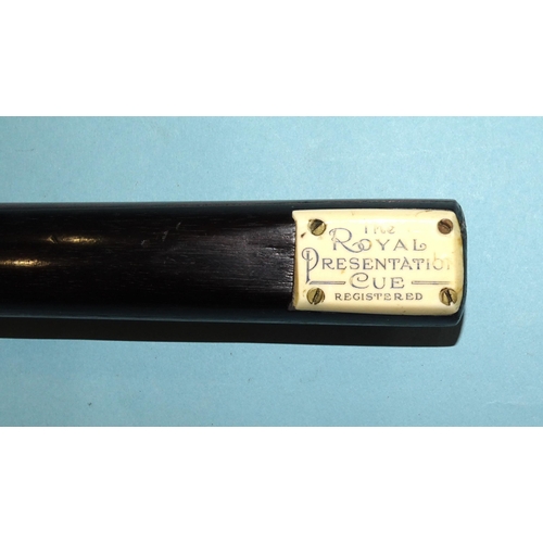 672 - A collection of three snooker cues: 'The Royal Presentation Cue', 57'' 19oz, 'The Joe Davis 147' cue... 