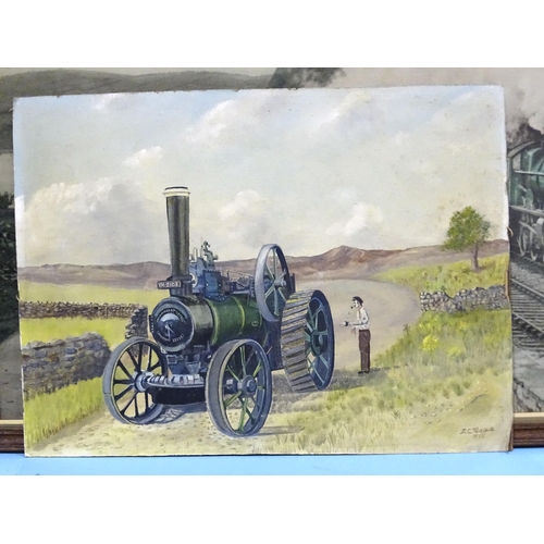 691 - An oil on board of a traction engine at rest by DC Teague, 1975, 36.5 x 49.5cm and a large tinted ph... 