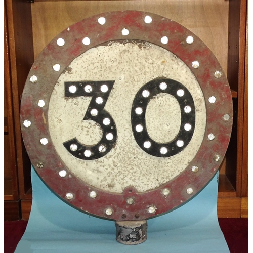 681 - A vintage circular double-sided 30MPH/National Speed Limit Applies reflective road sign, 61cm diamet... 