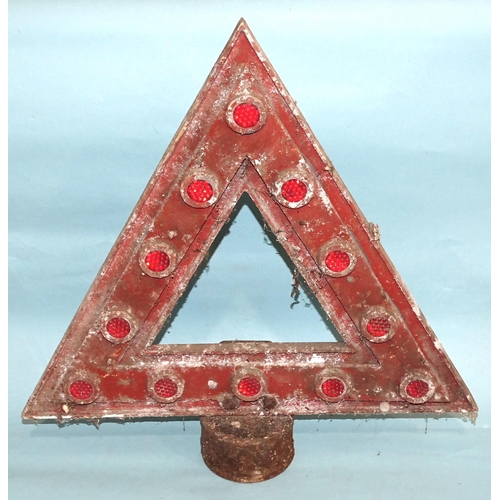 682 - Two vintage triangular red warning reflective road signs, each 38 x 45cm, (one with attaching bracke... 