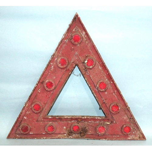 682 - Two vintage triangular red warning reflective road signs, each 38 x 45cm, (one with attaching bracke... 