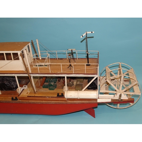 67 - A scratch/kit-built model of a paddle steamer gun boat of mainly wood construction, with horizontal ... 