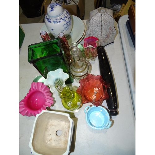 105 - A blue and white ginger jar and cover, various coloured glassware and other ceramics.... 