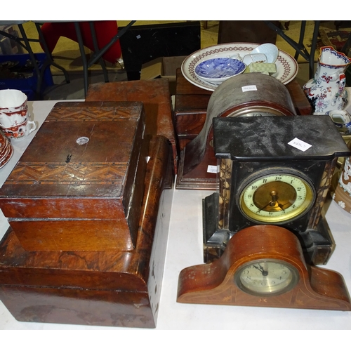 111 - A marble case mantel clock, two other clocks, various unfitted wooden work boxes.