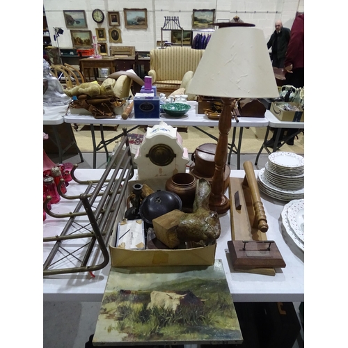 114 - A set of brass coat and hat hooks, a ceramic mantel clock, a japanned spice tin and other items.... 