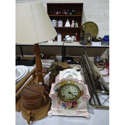 114 - A set of brass coat and hat hooks, a ceramic mantel clock, a japanned spice tin and other items.... 