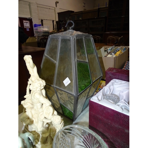 119 - A leaded light hanging lantern shade, 39cm high, a boxed Taille Main crystal glass claret jug, other... 