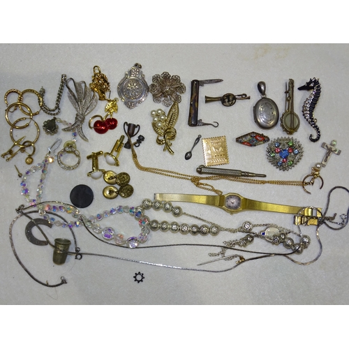 164 - A banjo brooch, a diamanté seahorse brooch and other costume jewellery, watch, etc.... 