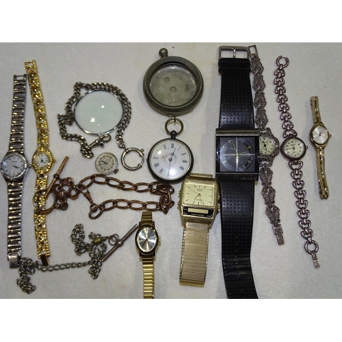 169 - Two lady's silver-cased wrist watches, other watches, watch chains, etc.