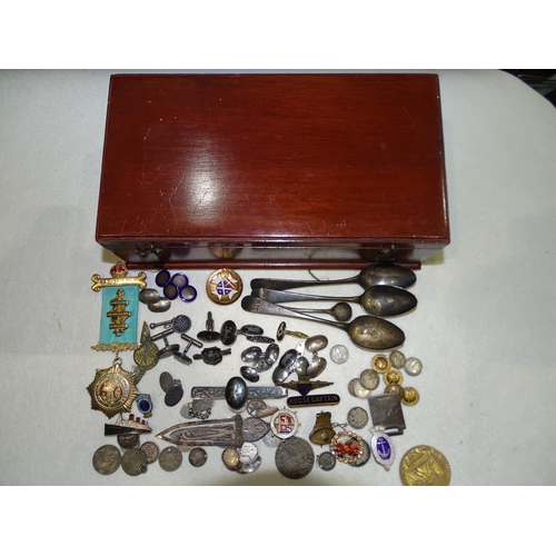 172 - A quantity of silver and other cufflinks, various badges, coins, silver spoons, etc, in a wooden box... 