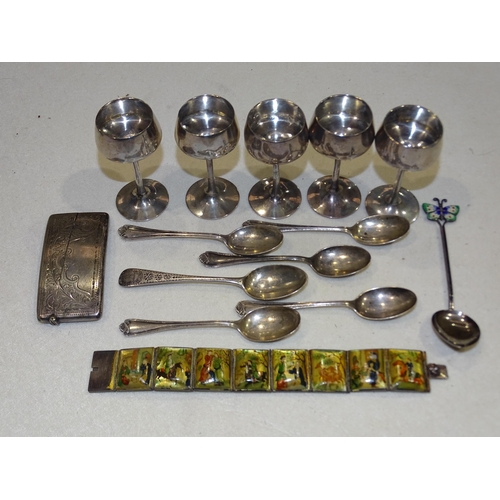 183 - Six various silver teaspoons, ___2.3oz, five Chinese white metal liqueur tots, ___4.28oz, a painted ... 