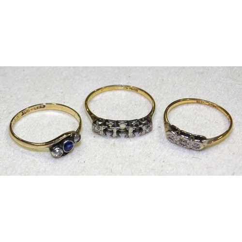 186 - An 18ct gold ring set two small diamonds, three settings vacant, size N½, 2.1g, a small 18ct ... 